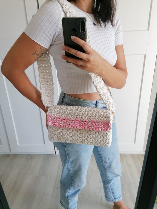 Handgefertigte Umhängetasche Offwhite pink